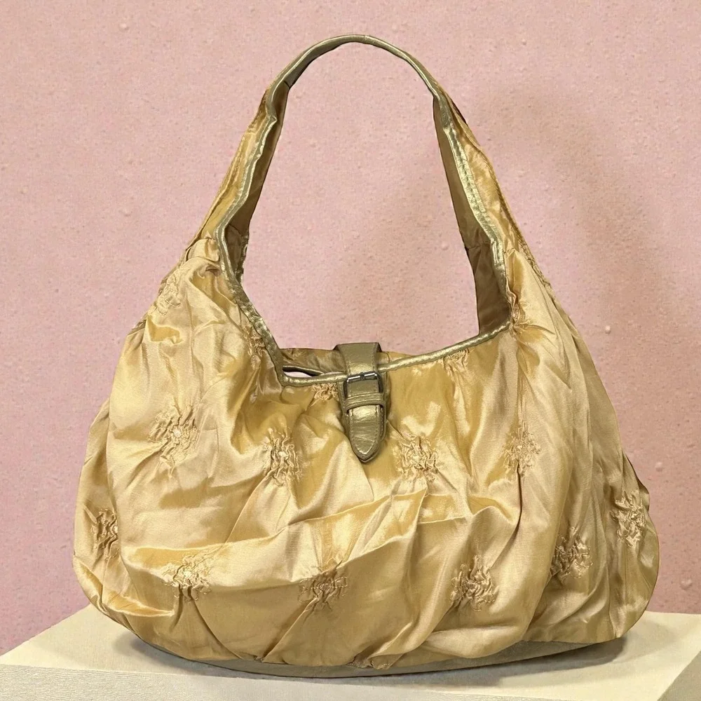 NWT Chateau Shoulder Bag Womens Gold Satin Hobo Purse Ruched Metallic Evening